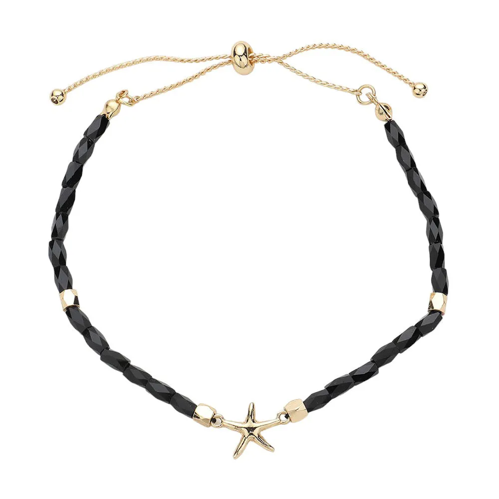 Metal Starfish Pointed Faceted Beaded Pull Tie Cinch Bracelet