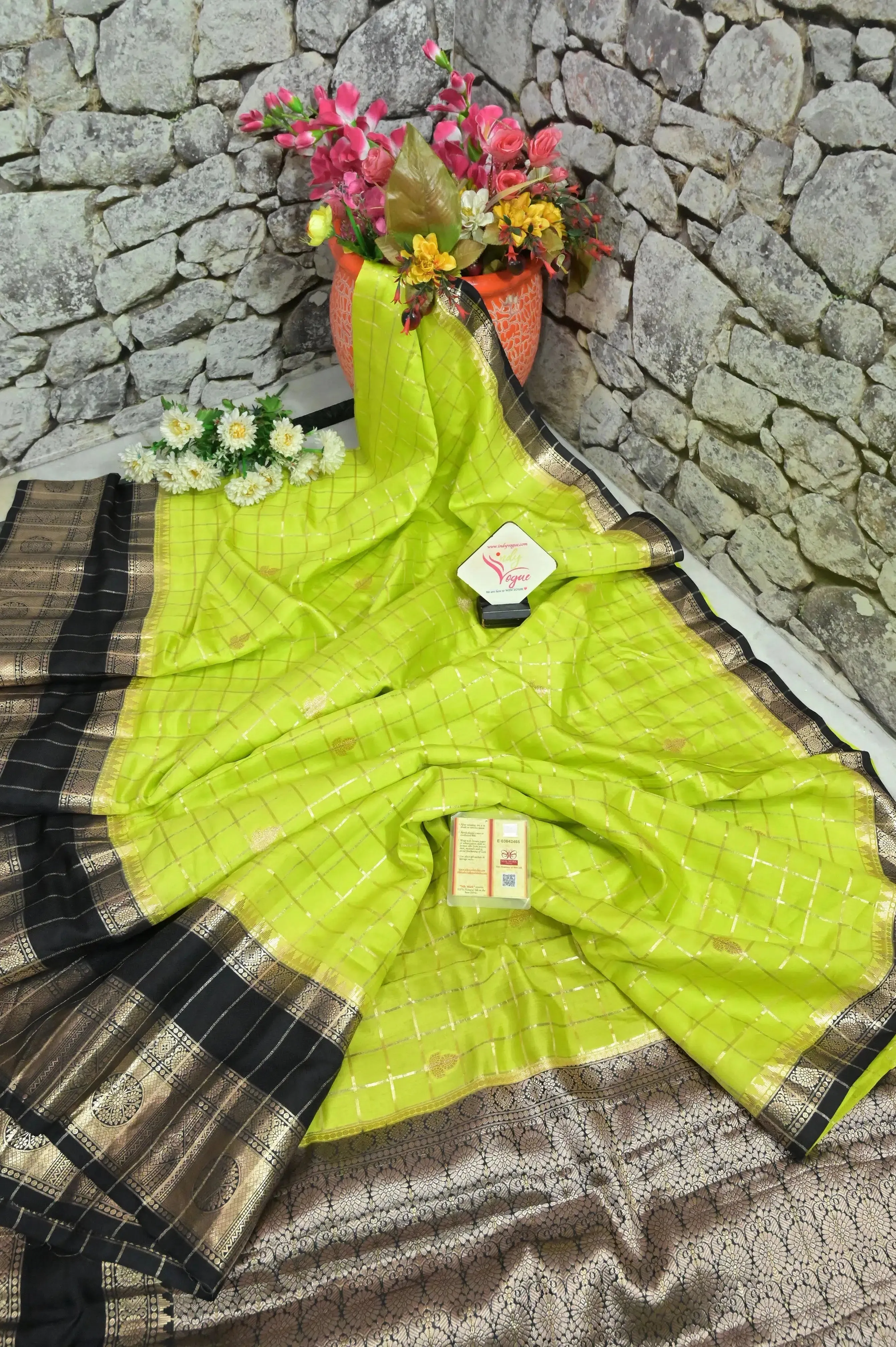 Neon Green Color Mango Silk Banarasi Saree with Silver and Golden Zari Checks and Broad Border