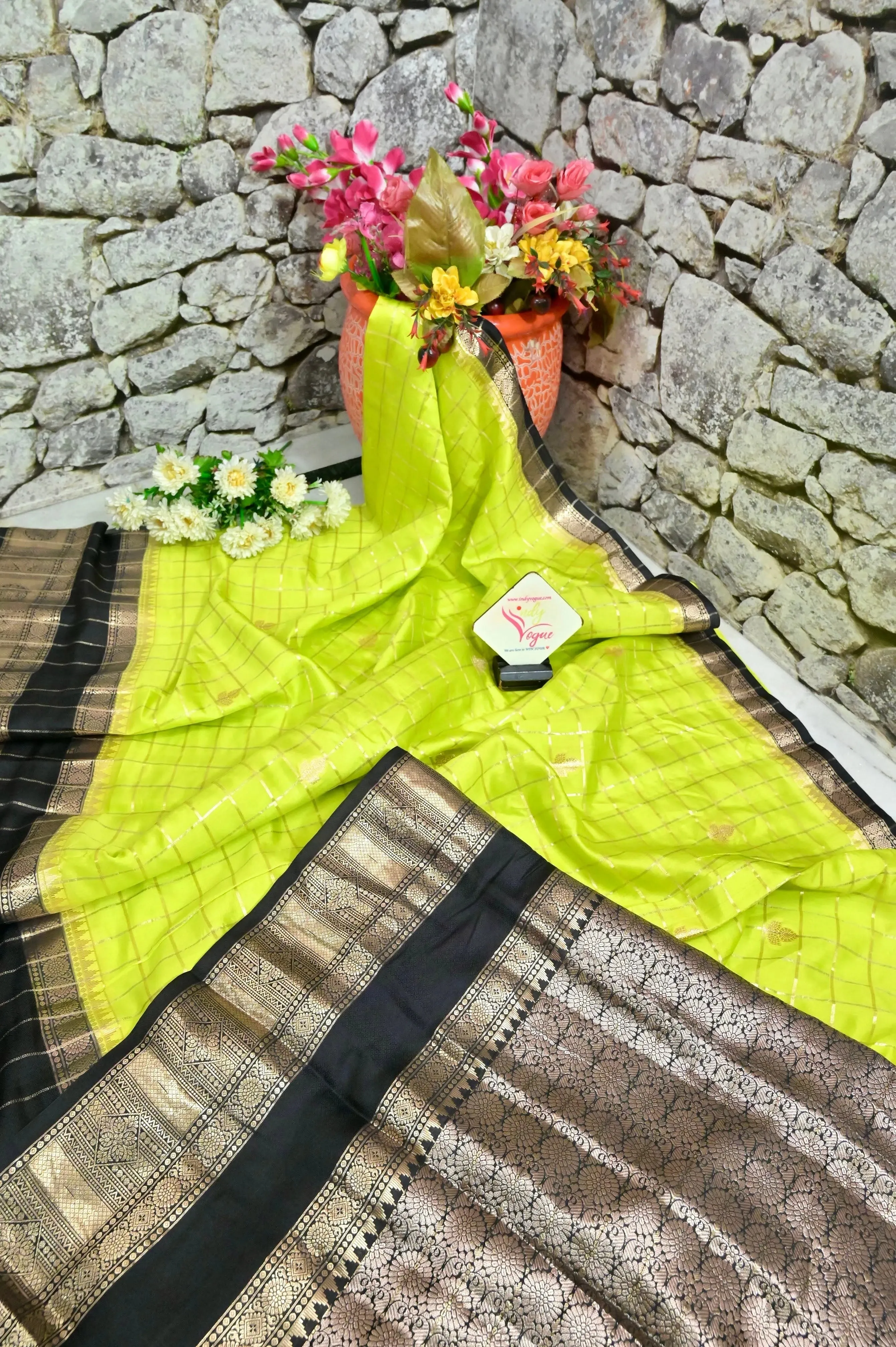 Neon Green Color Mango Silk Banarasi Saree with Silver and Golden Zari Checks and Broad Border