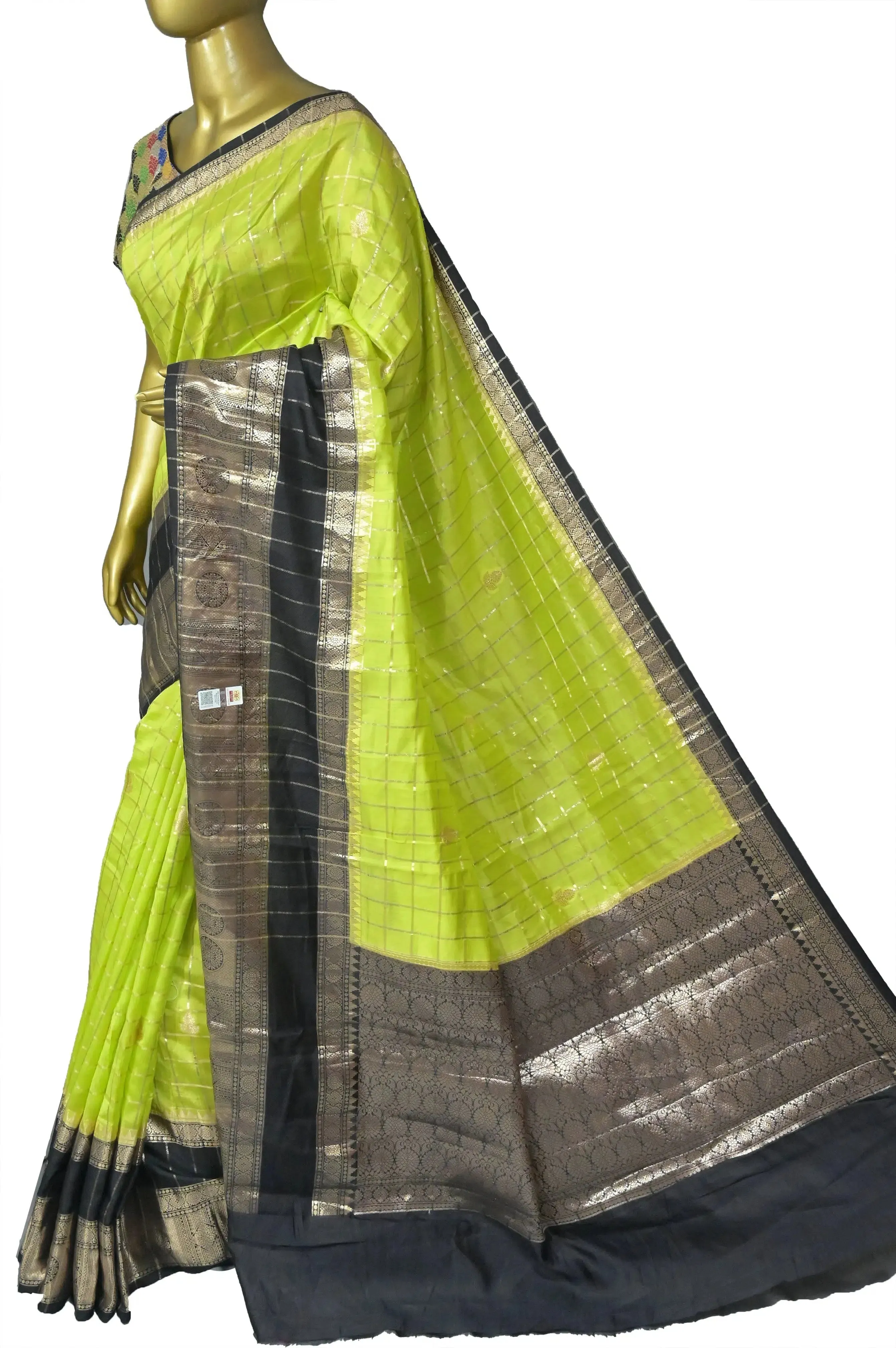 Neon Green Color Mango Silk Banarasi Saree with Silver and Golden Zari Checks and Broad Border