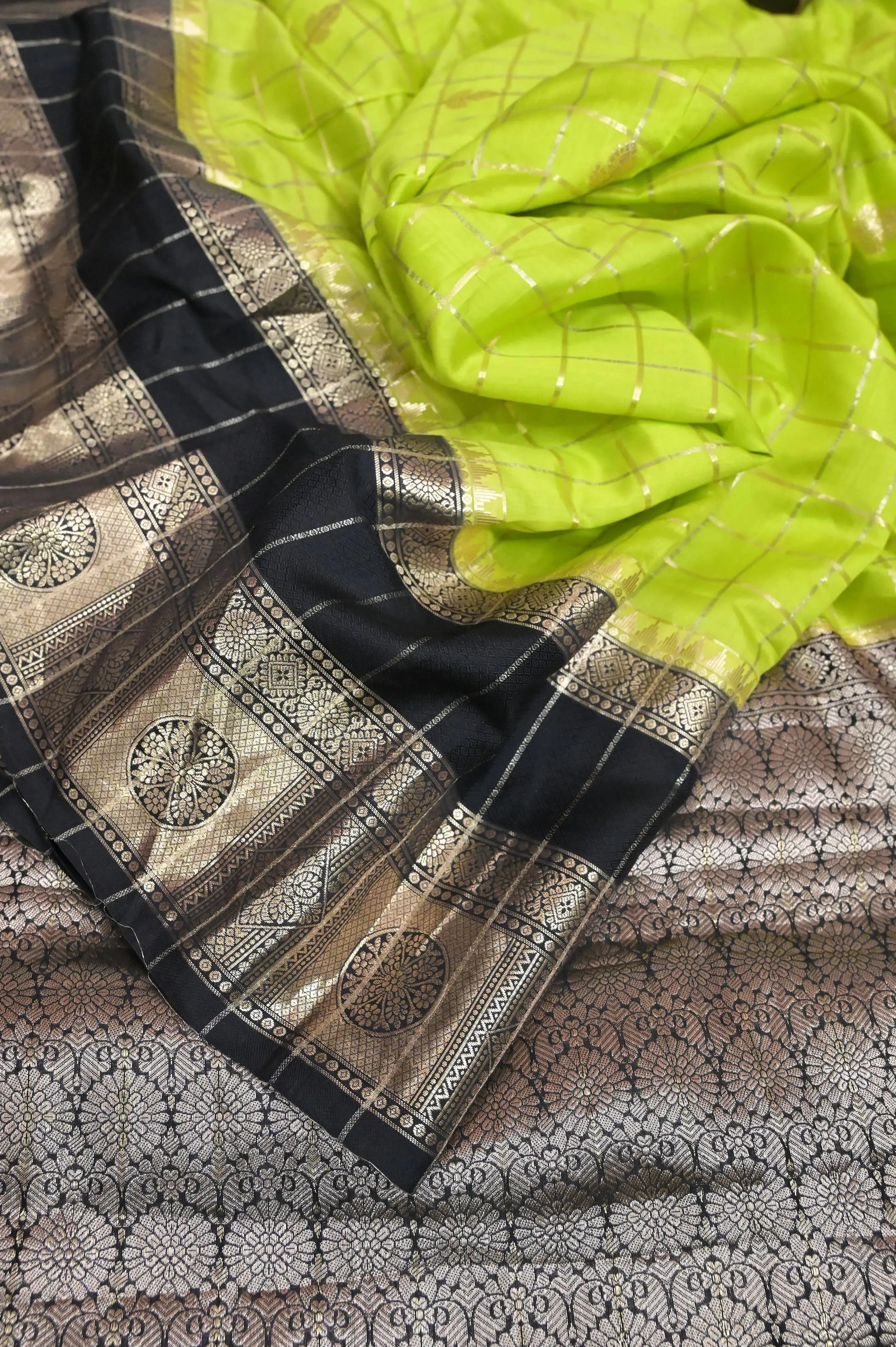 Neon Green Color Mango Silk Banarasi Saree with Silver and Golden Zari Checks and Broad Border