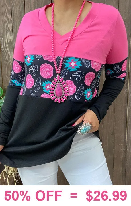 Pink, Western print, black color block long sleeve top