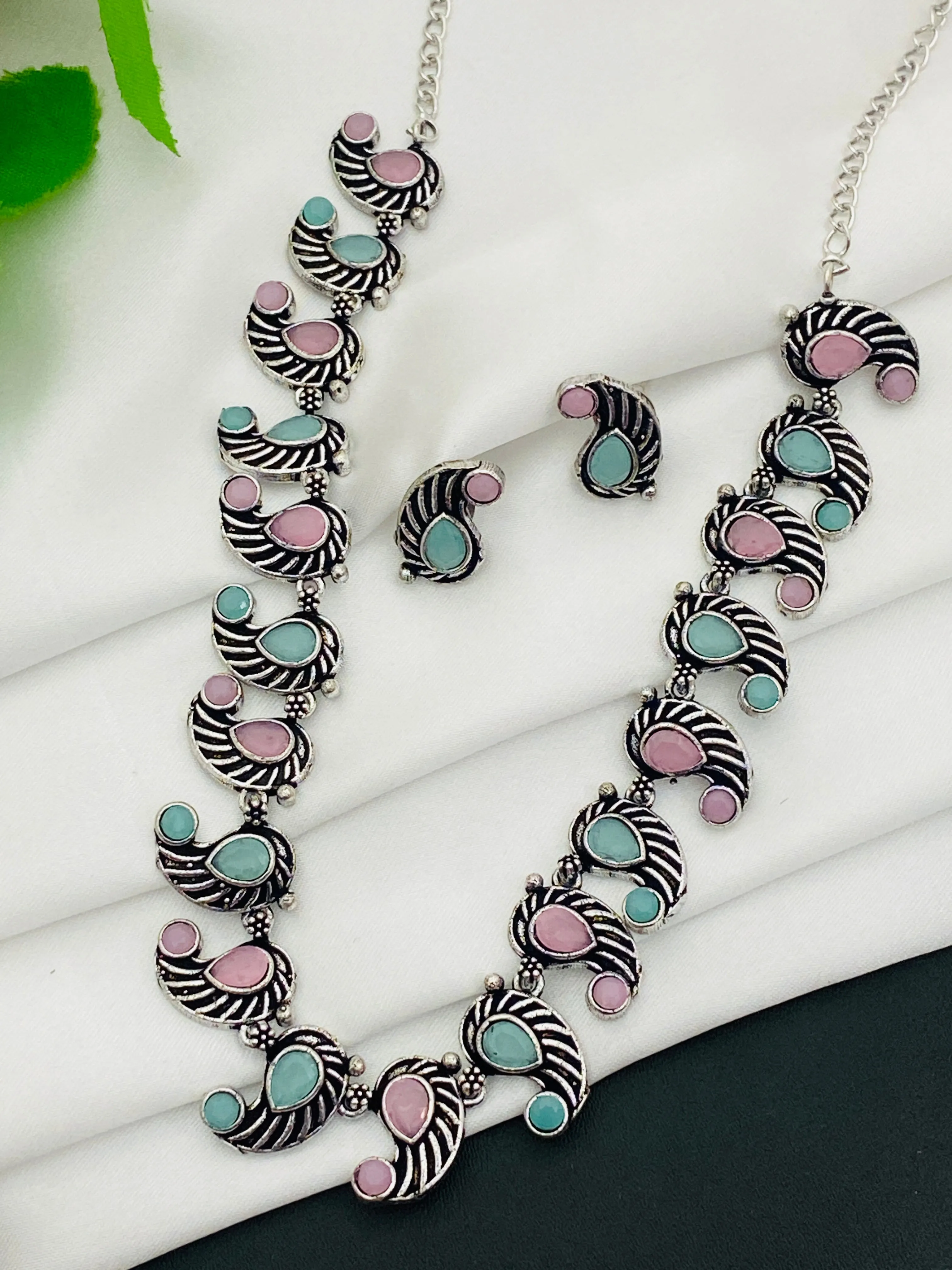 Pleasing Multicolor Stone Beaded Mango Design Silver Toned Oxidized Necklace With Earrings