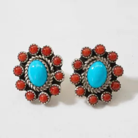 Sleeping Beauty Turquoise & Red Coral Flower Navajo USA Native American Made 925 Sterling Silver Earrings with Stud Backing