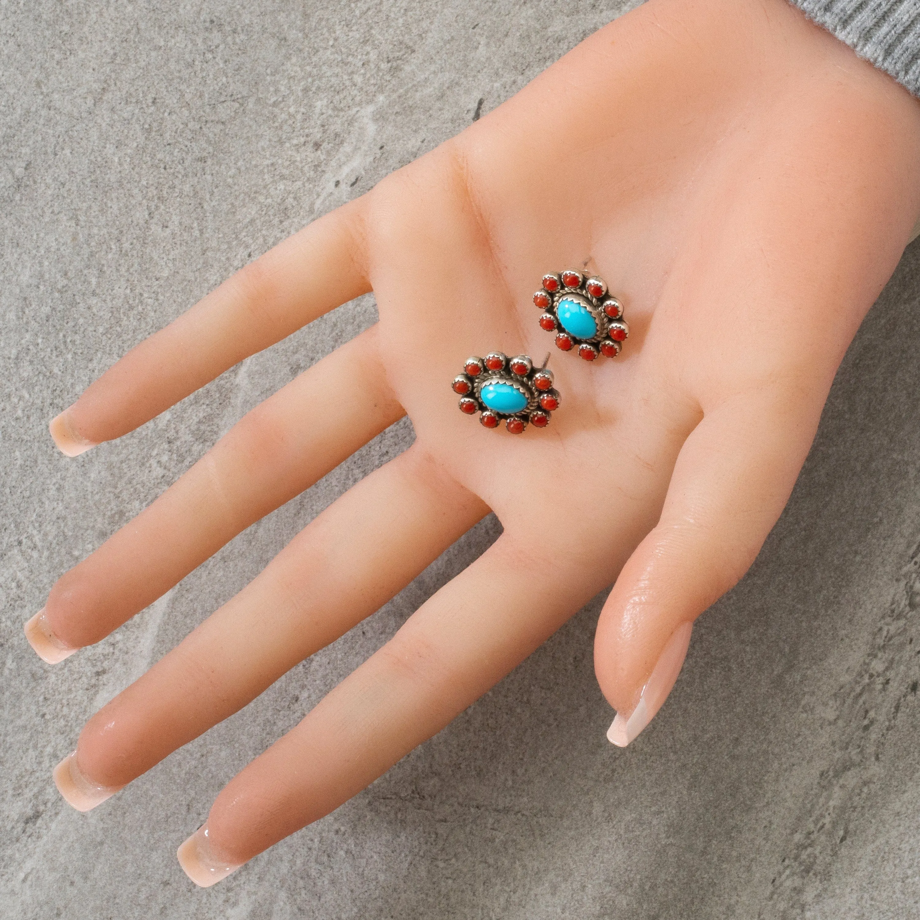 Sleeping Beauty Turquoise & Red Coral Flower Navajo USA Native American Made 925 Sterling Silver Earrings with Stud Backing