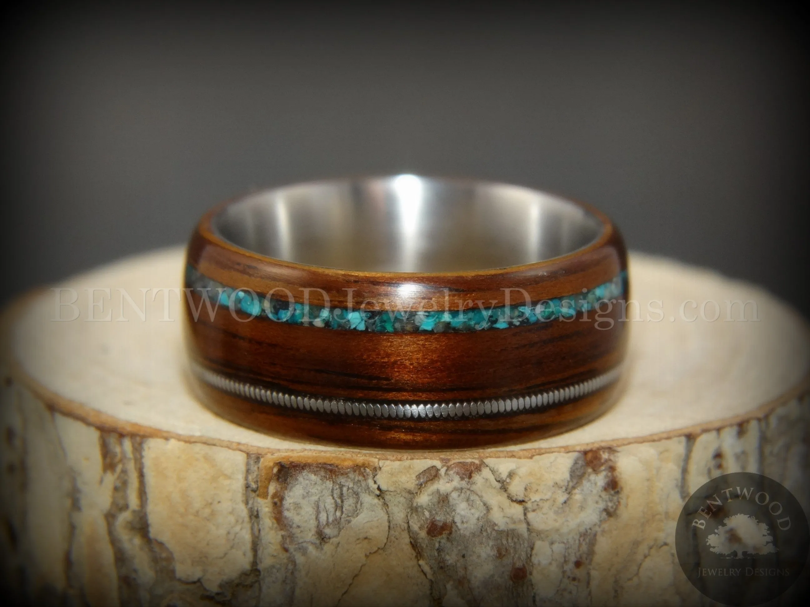 Tazzy Bentwood Ring - “I  Humphrey” Koa Bentwood on Steel Core Turquoise Mix and Guitar String Inlay