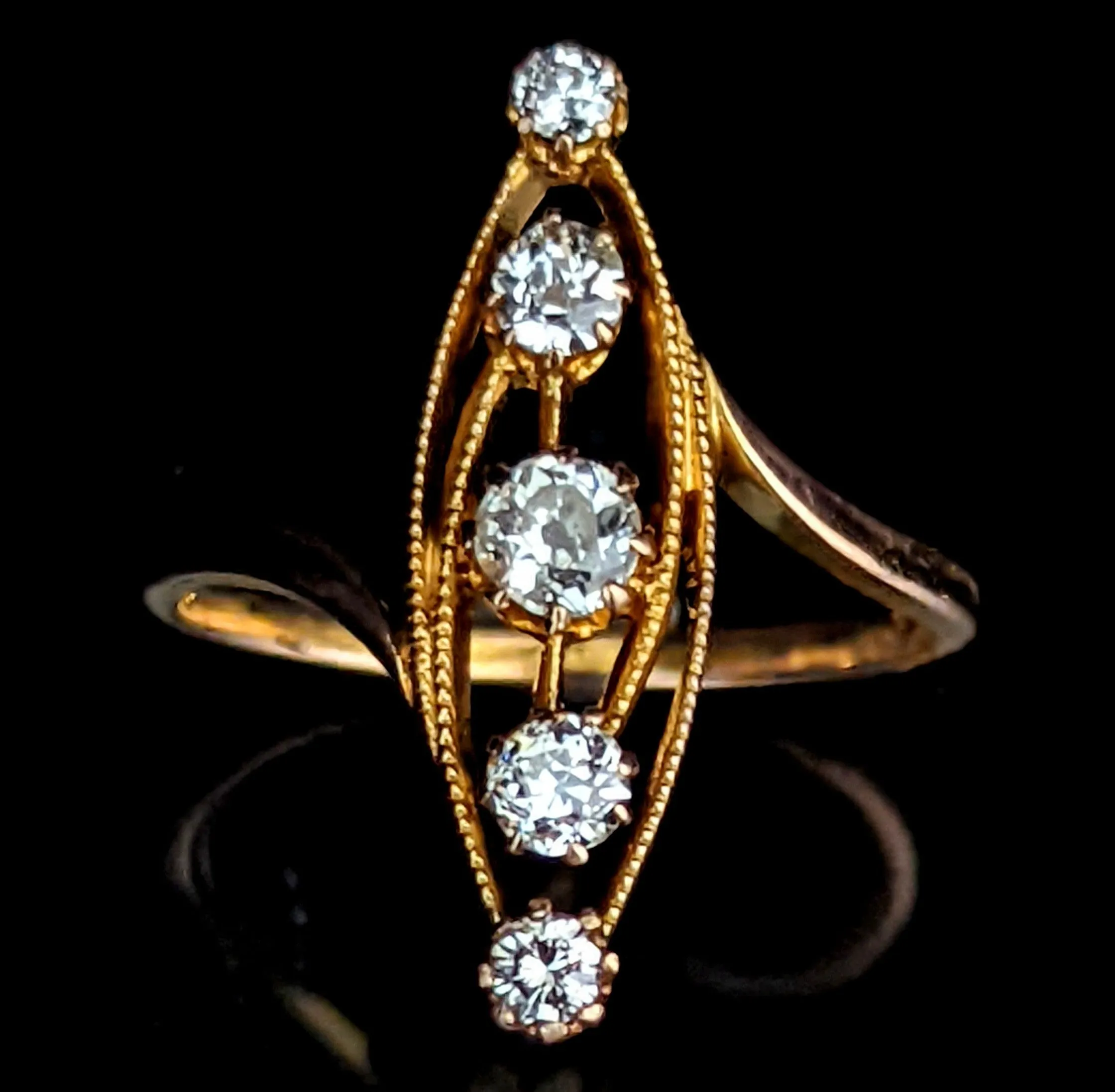 The Bisbee - Antique Old European Cut Diamond 18k Gold Navette Ring