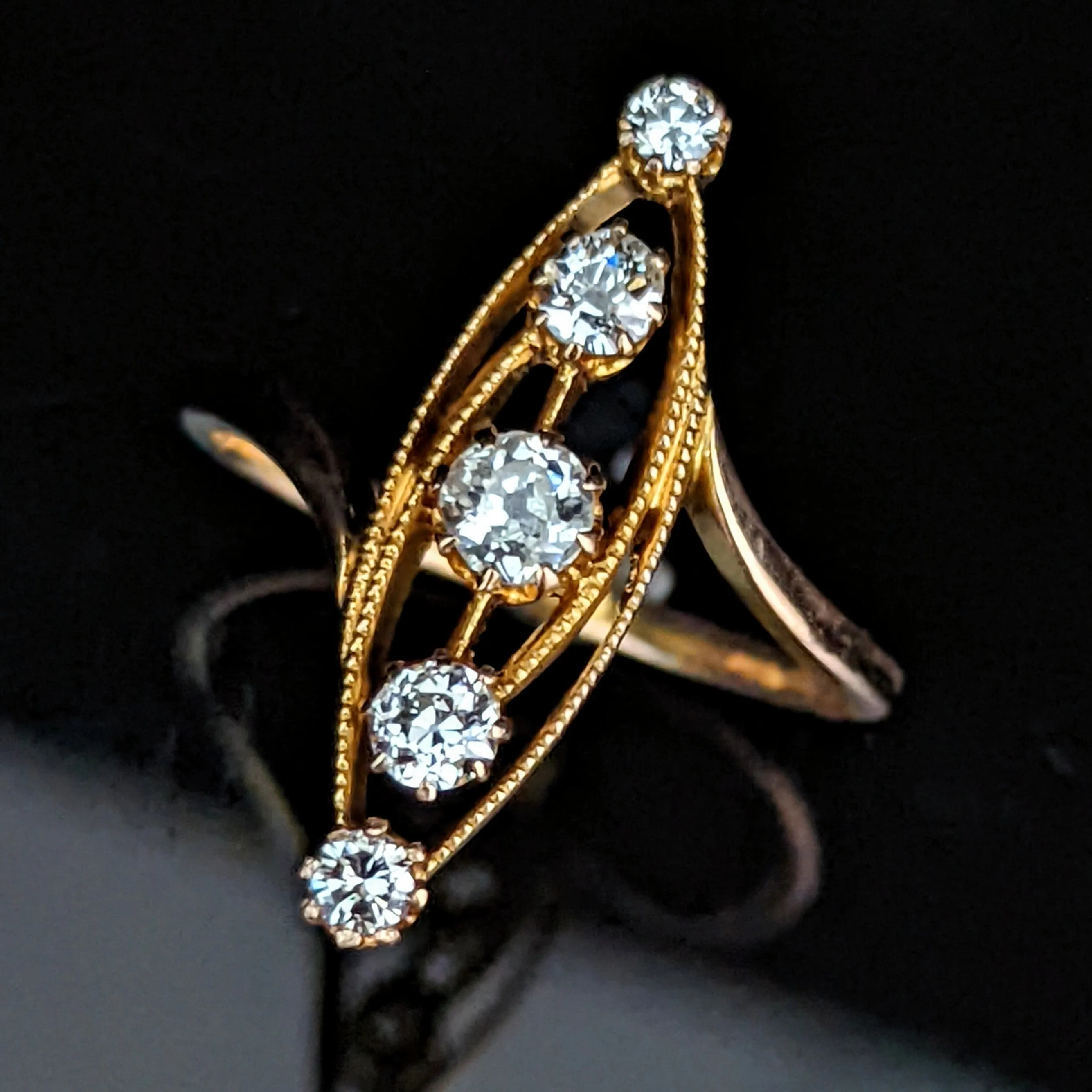 The Bisbee - Antique Old European Cut Diamond 18k Gold Navette Ring