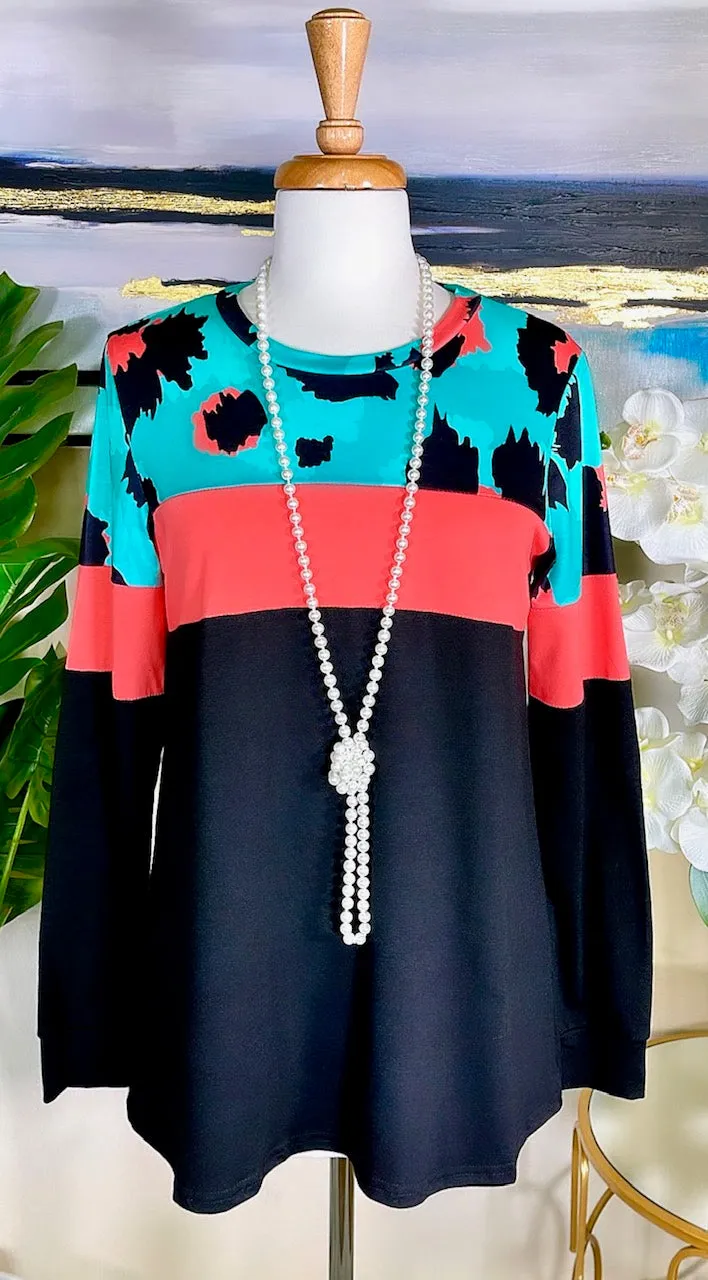 Turquoise Leopard, Coral, Black long sleeve top