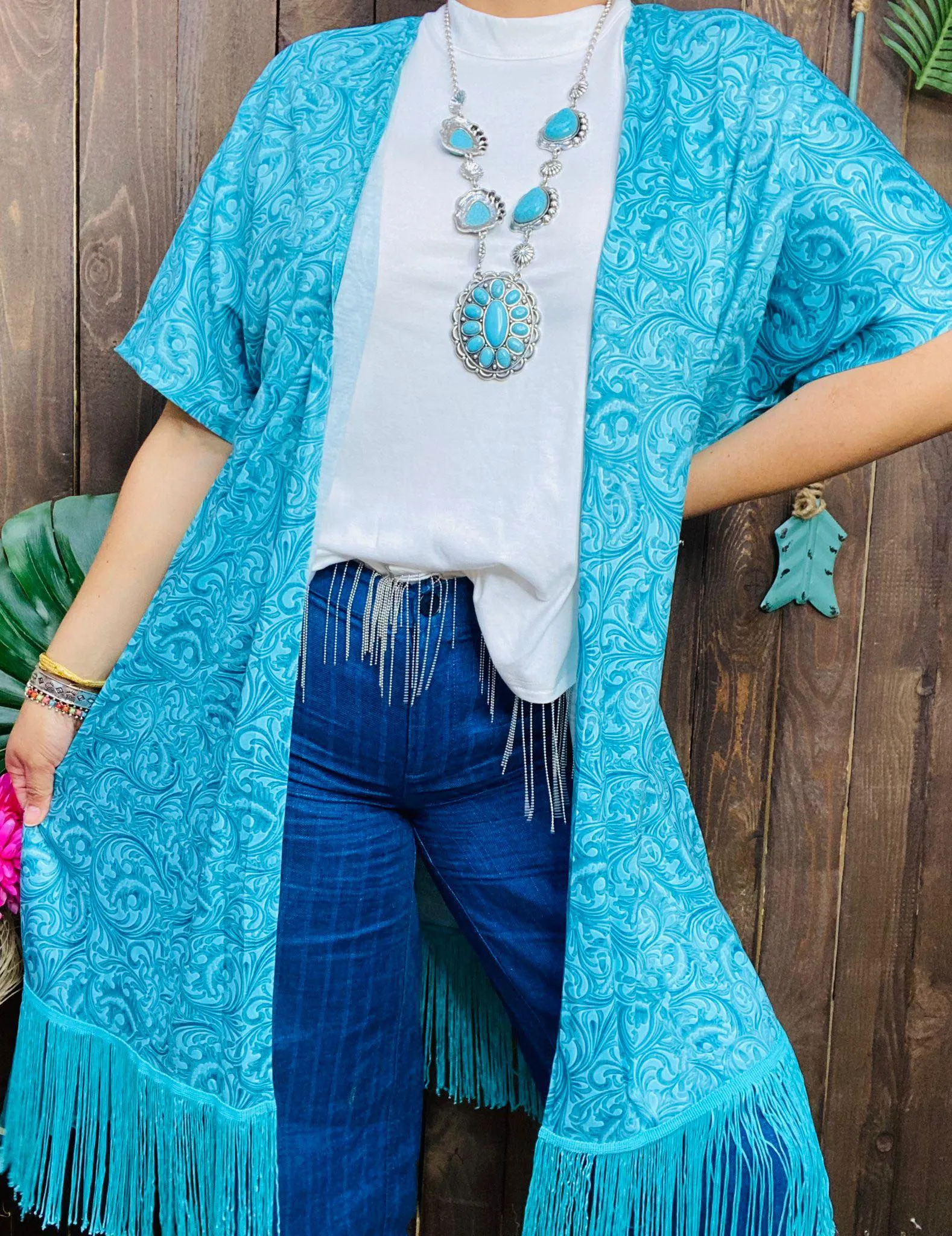 Turquoise tooled leather design print fringe cardigan