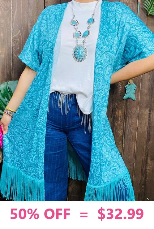 Turquoise tooled leather design print fringe cardigan