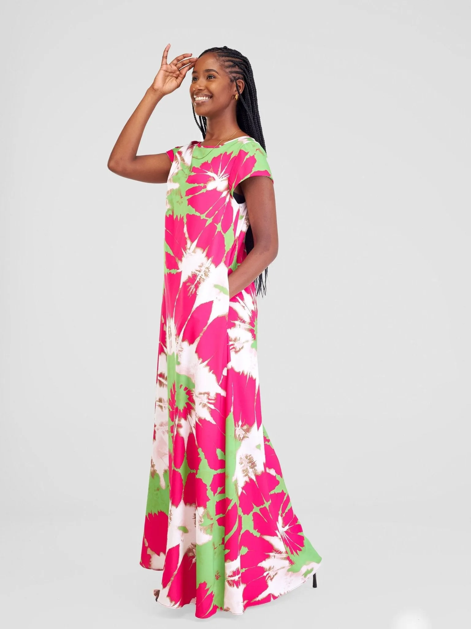 Vivo Basic Cap Sleeve Maxi Tent Dress - Pink / Green Esna Print