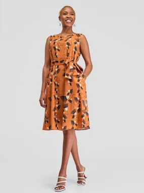 Vivo Basic Sleeveless Tent Dress - Brown/Black Print