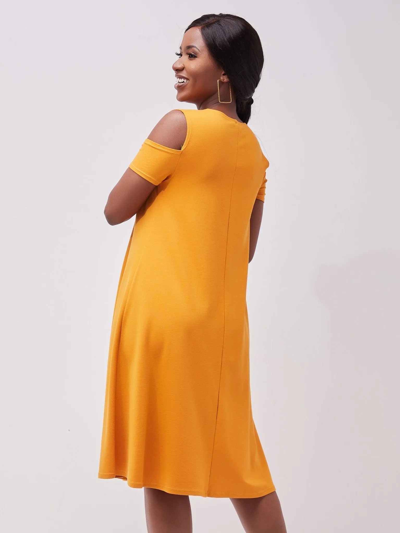 Vivo Lamu Knee Length Cold Shoulder Dress - Mustard