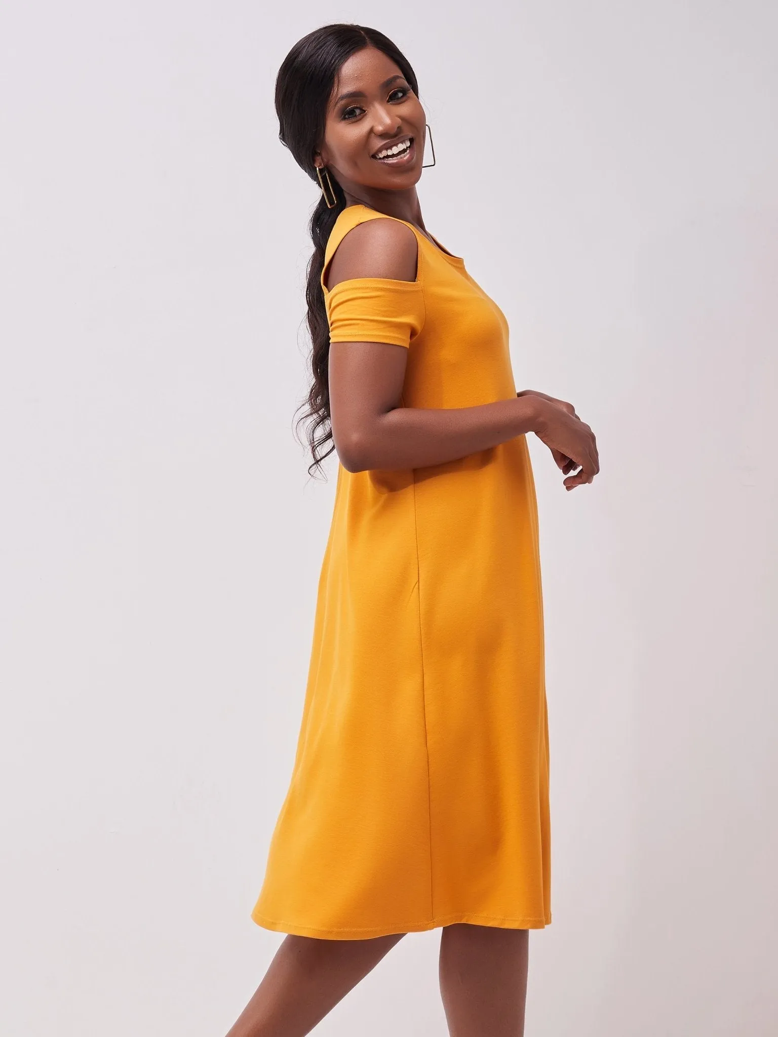 Vivo Lamu Knee Length Cold Shoulder Dress - Mustard